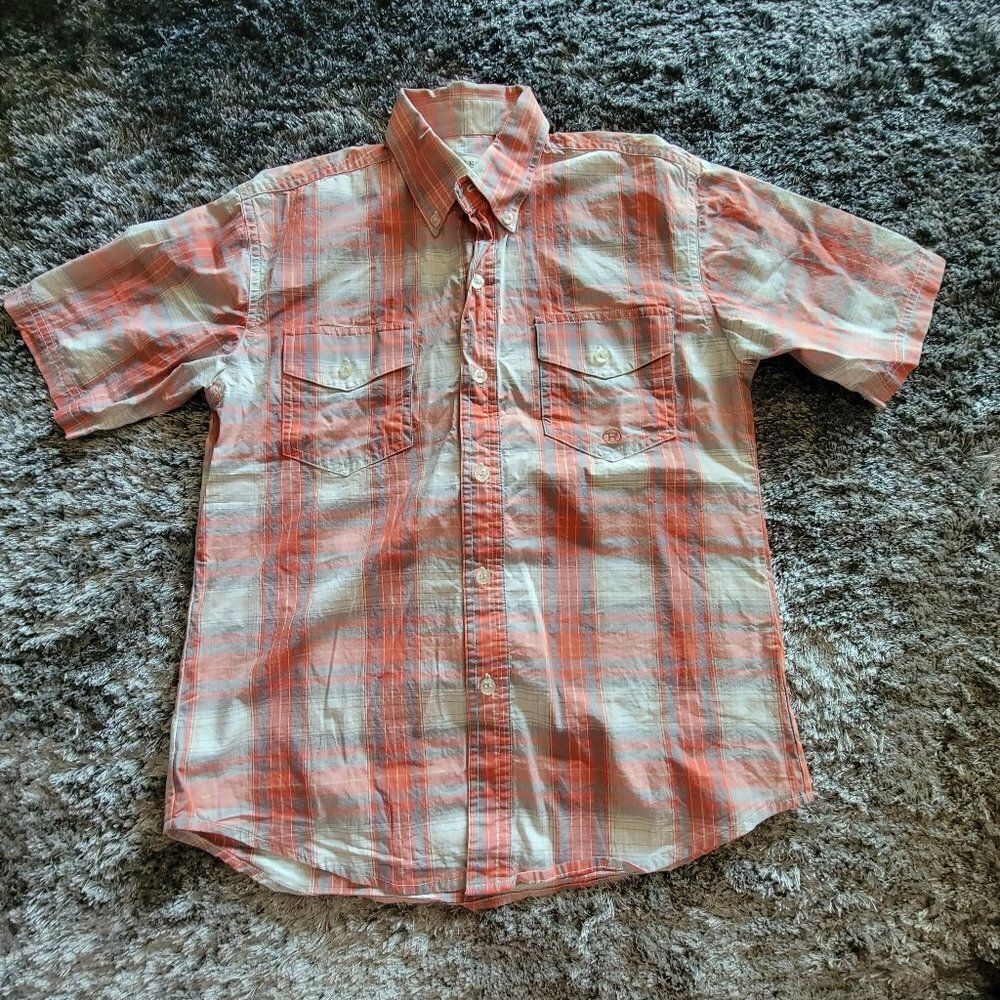Boys Roper Button Down Short Sleeve Plaid Shirt Orange Coral Tan Size Large